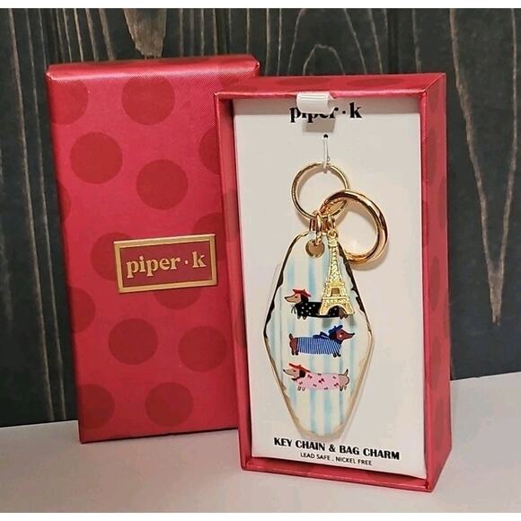 Piper K Handbag Charm Dachshund Paris Eiffel Tower Keychain Gold Accent Bag - Picture 1 of 3